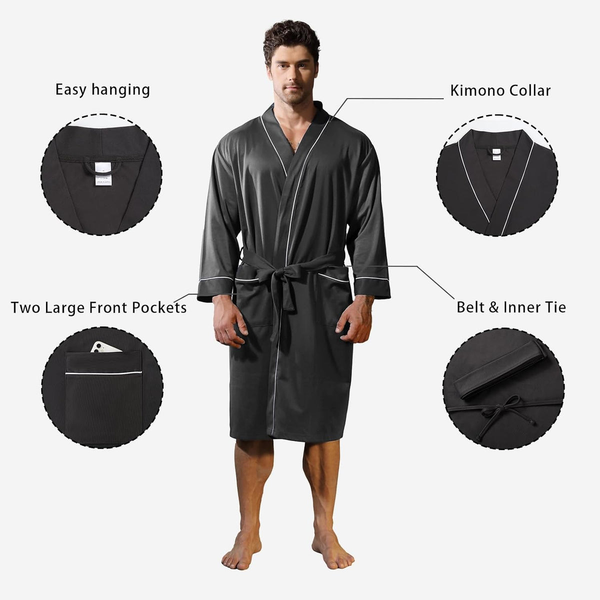 Mens Kimono Robe Lightweight Soft Bathrobe Sleepwear Loungewear with Pockets