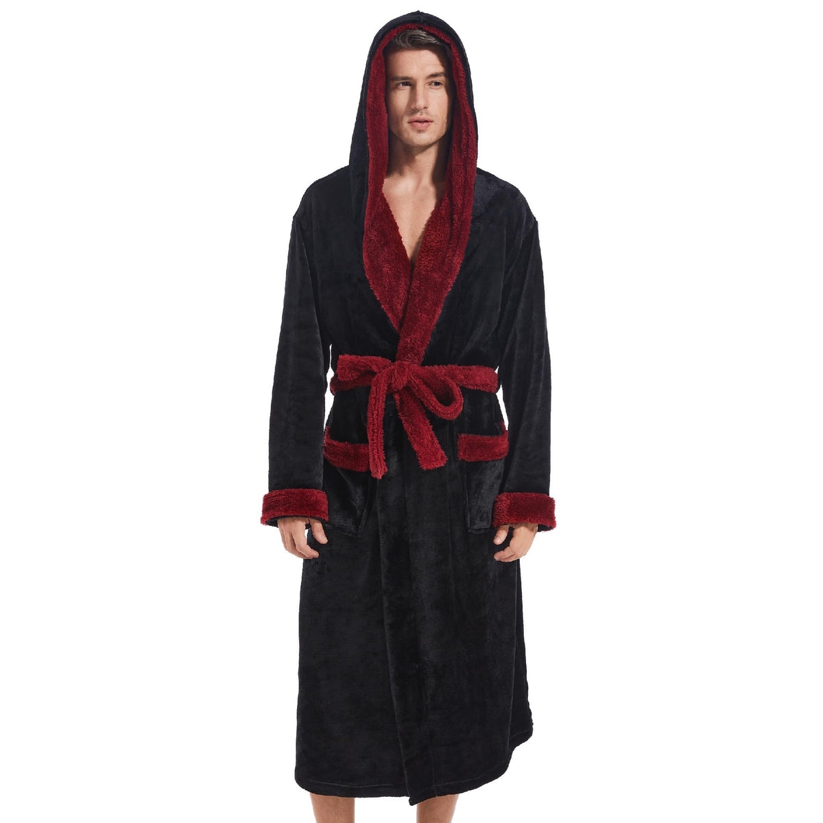 Inner Wish Mens Hooded Robe, Plush Long Highly Absorbent Bath robes Cozy Warm Bathrobe Fuzzy male Spa Robe With Pockets