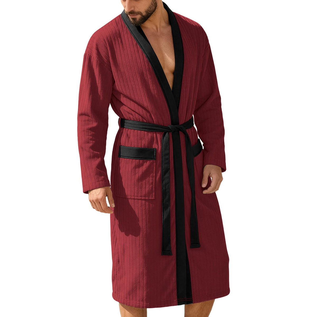 Mens Robes Lightweight Mid Length Summer Robe Comfy Soft Dude Robe with Pockets Long Sleeve Kimono Bathrobe Sleepwear