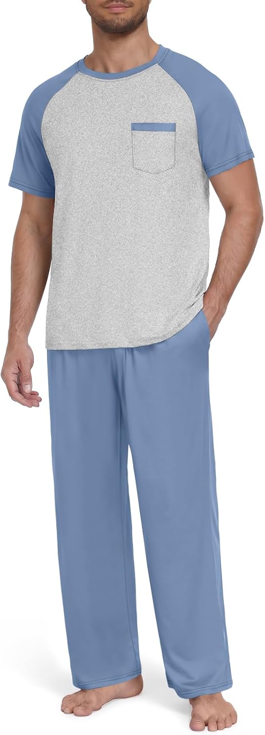 Yincro Mens Pajama Set Short Sleeve Pjs with Pocket Sleepwear Loungewear