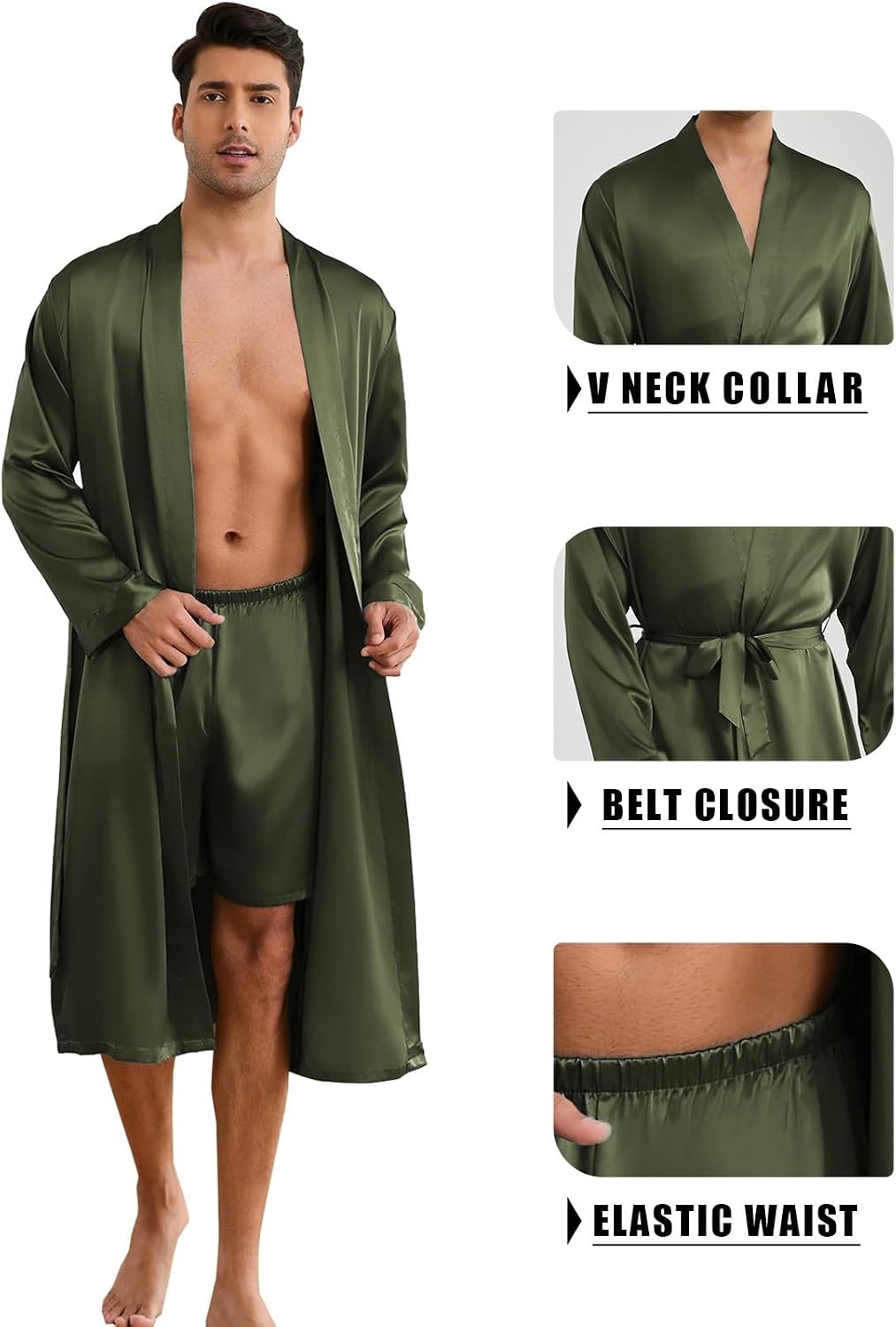 ZUEVI Men's Kimono Robe Set Silk Satin Long Sleeve Bathrobe with Shorts 2 PCS Sleepwear Pjs Sets