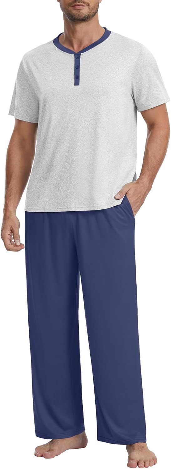 Mens Pajamas Set Henley Neckline Lightweight Sleepwear Pjs S-3XL