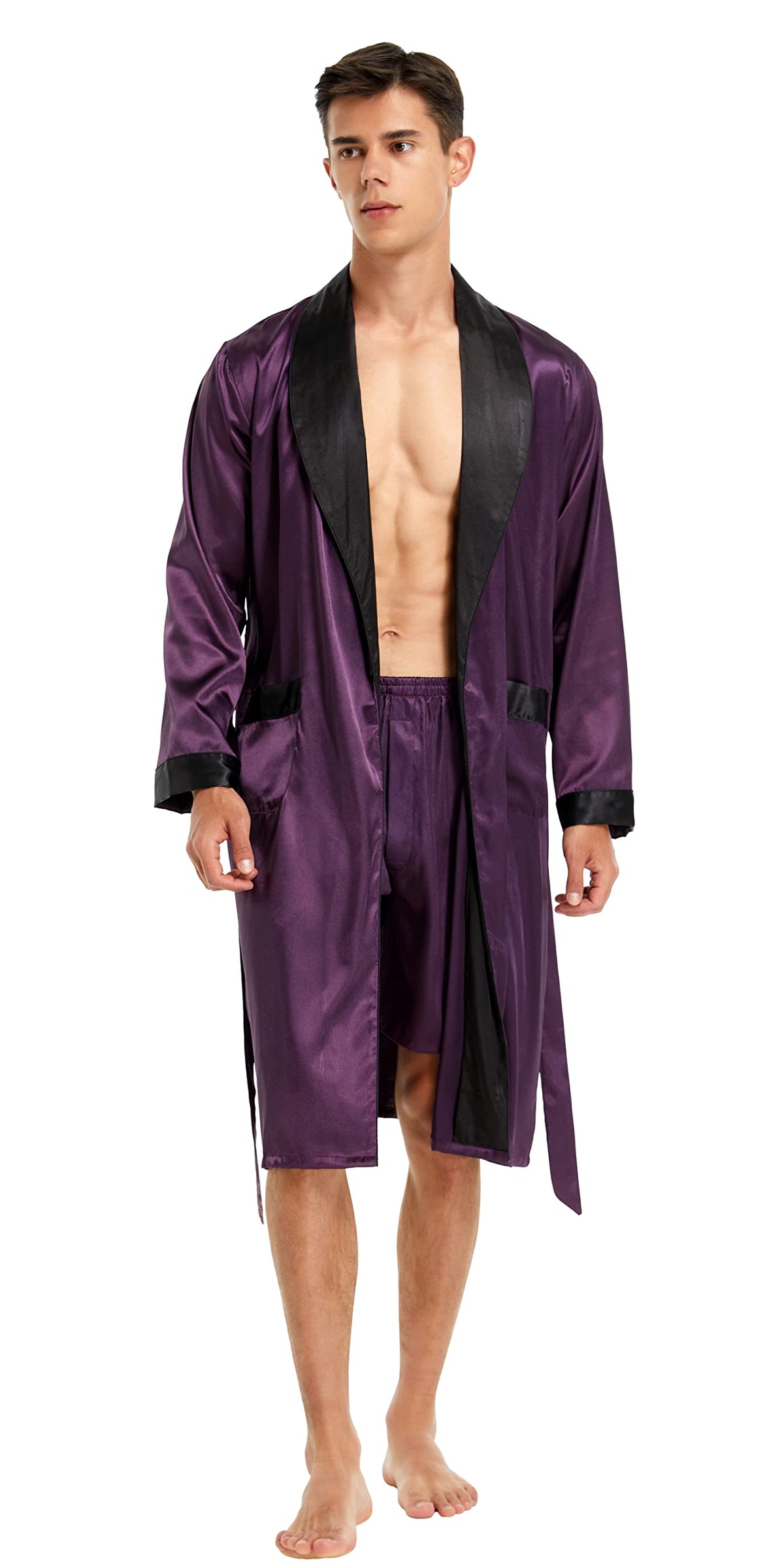 Mens Satin Robe Long Sleeve Silk Kimono Bathrobe with Shorts Set Sleepwear