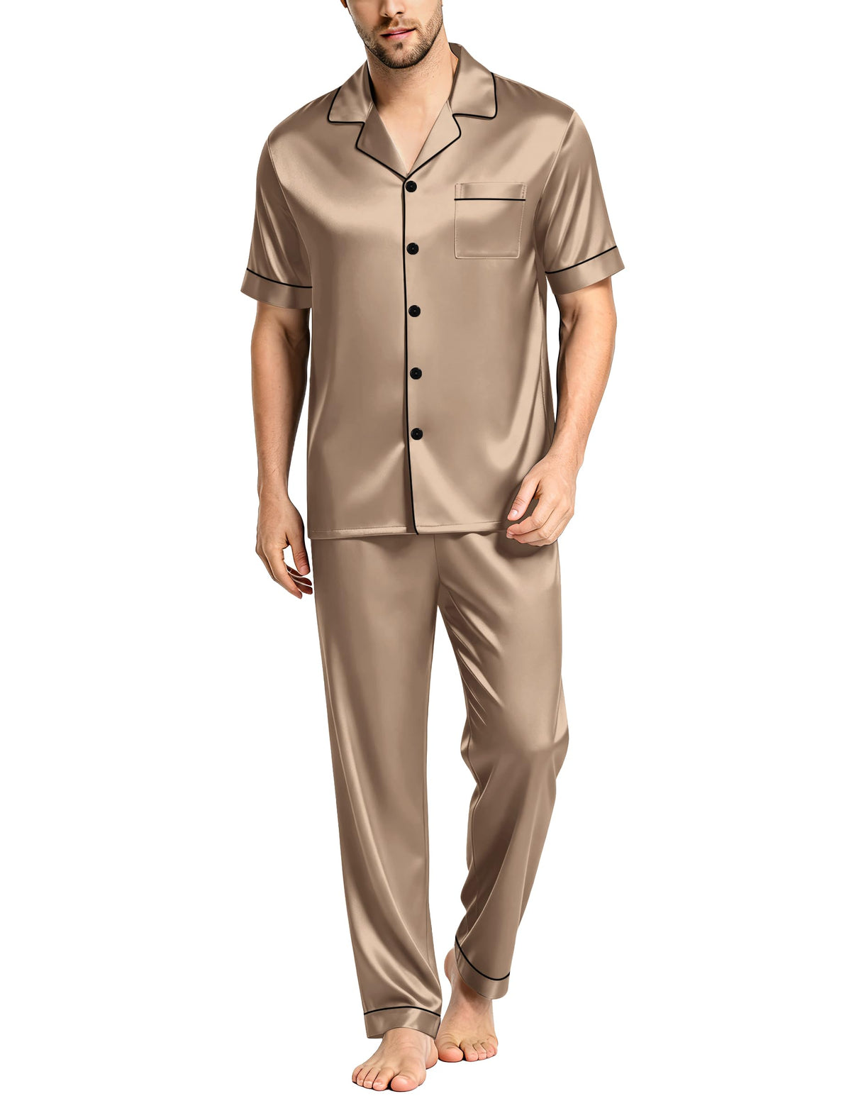 SWOMOG Mens Satin Pajama Set Short Sleeve Classic Sleepwear Button Down Silky Loungewear with Long Pants