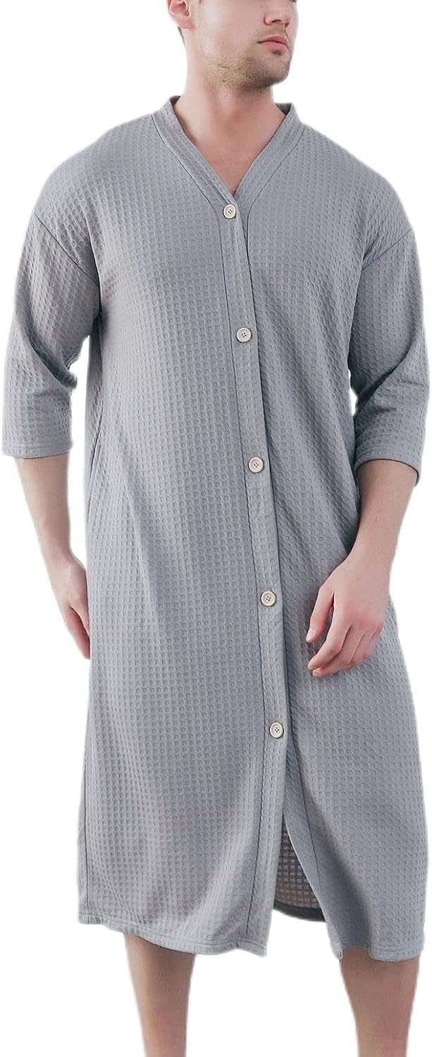 Jinda Men's Soft Robe Button Down House Coat Nightgown Summer V Neck Comfy 3/4 Sleeve Housecoat Sleep Shirt
