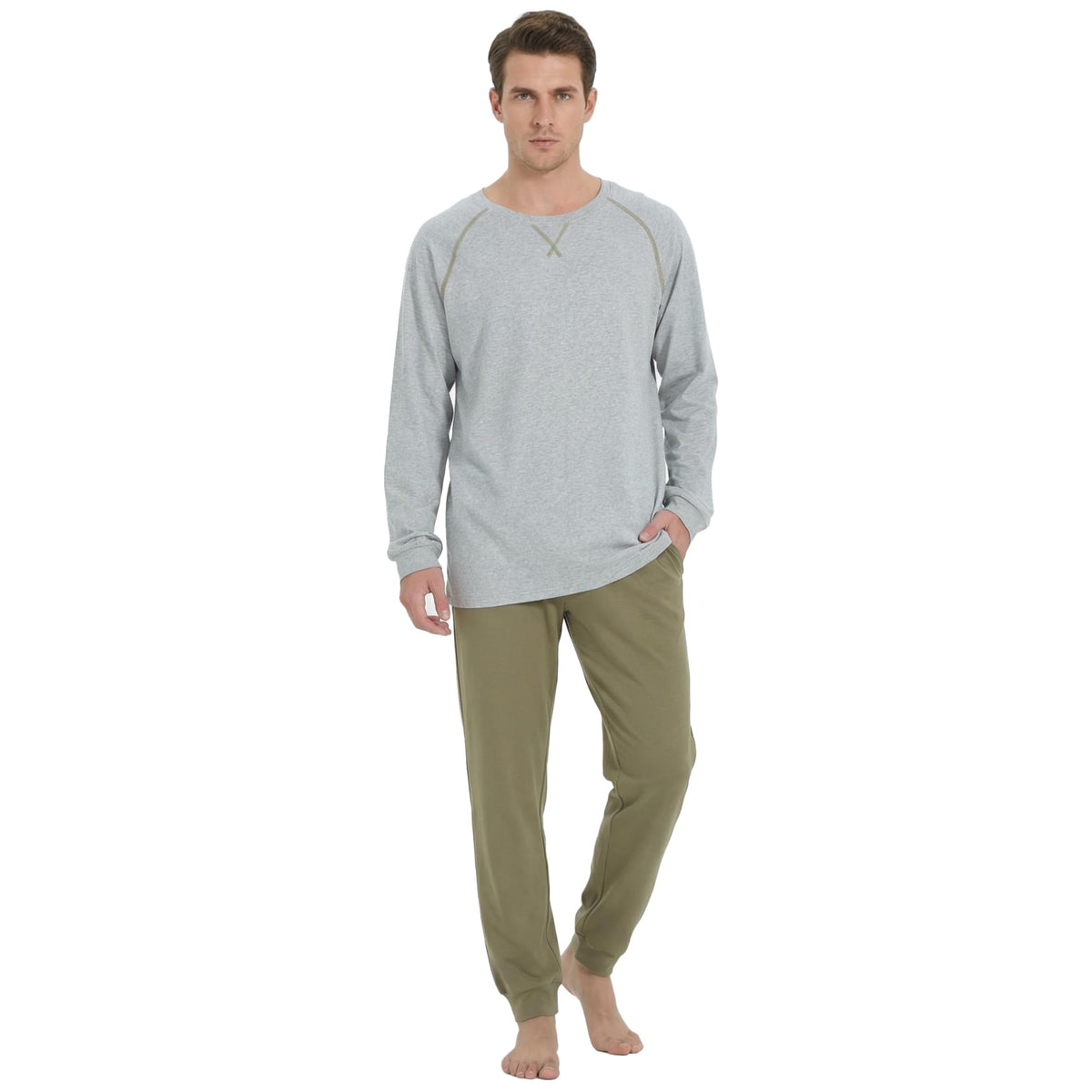 U2SKIIN Mens Organic Cotton Pajama Set Crew Neck Long Sleeve Sleepwear Pjs