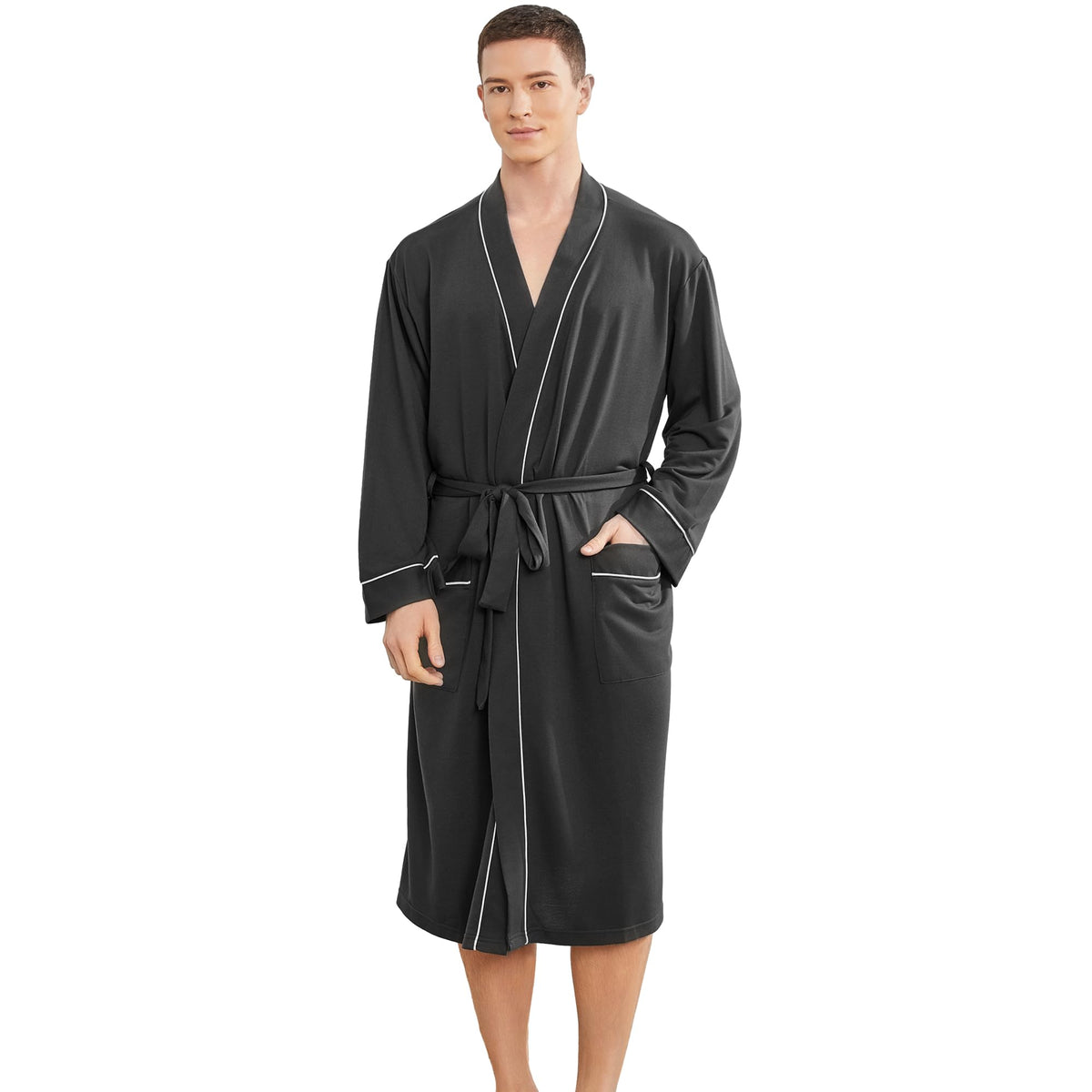 Mens Lightweight Robe, Knit Kimono Bathrobe Spa Sleepwear Soft Knee Length Robe With Pockets