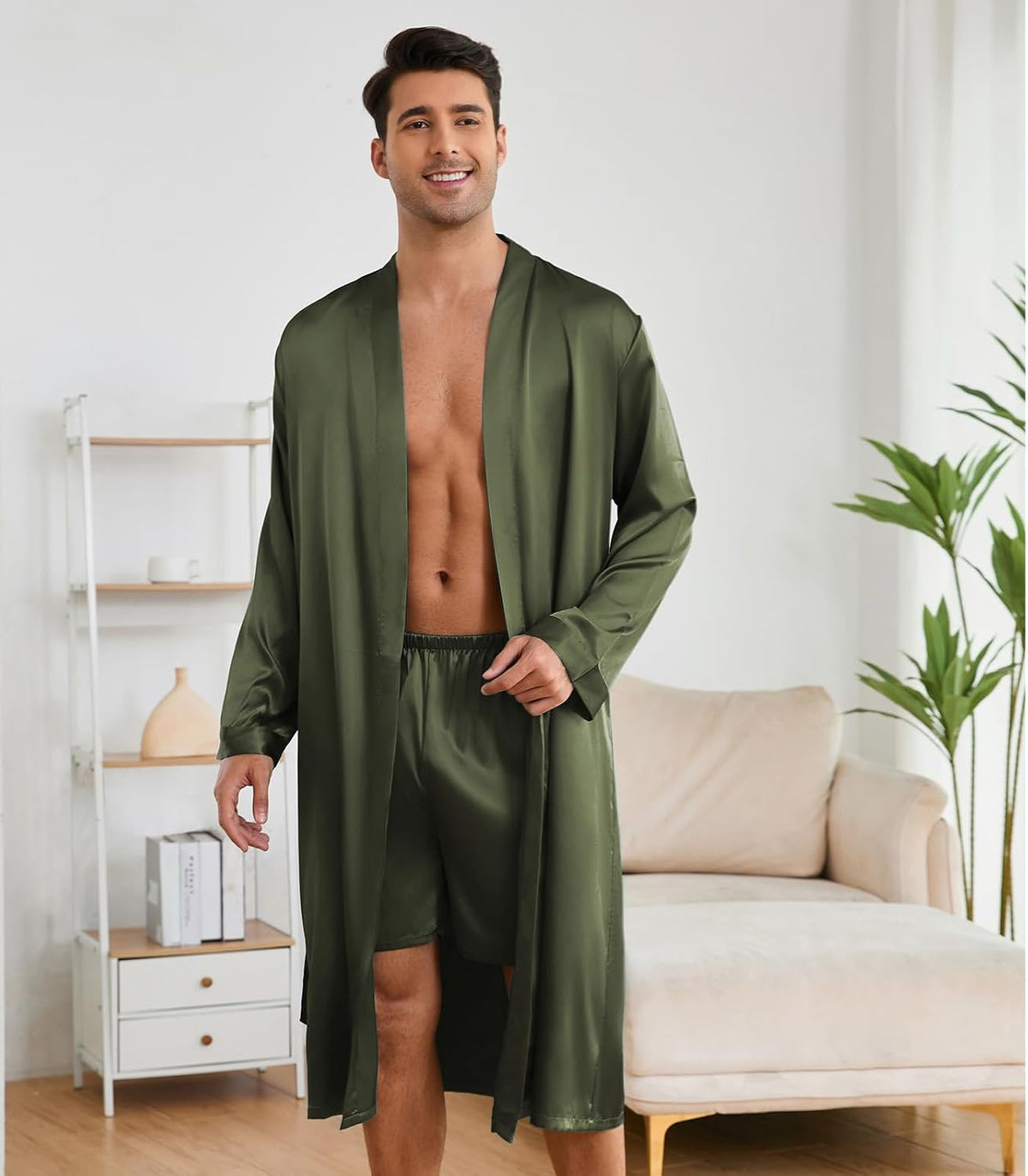 ZUEVI Men's Kimono Robe Set Silk Satin Long Sleeve Bathrobe with Shorts 2 PCS Sleepwear Pjs Sets