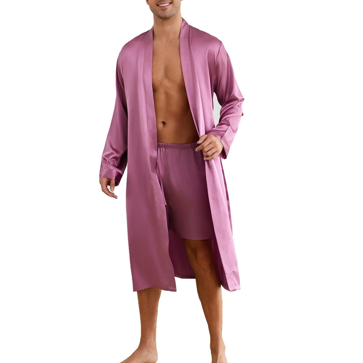 ZUEVI Men's Kimono Robe Set Silk Satin Long Sleeve Bathrobe with Shorts 2 PCS Sleepwear Pjs Sets