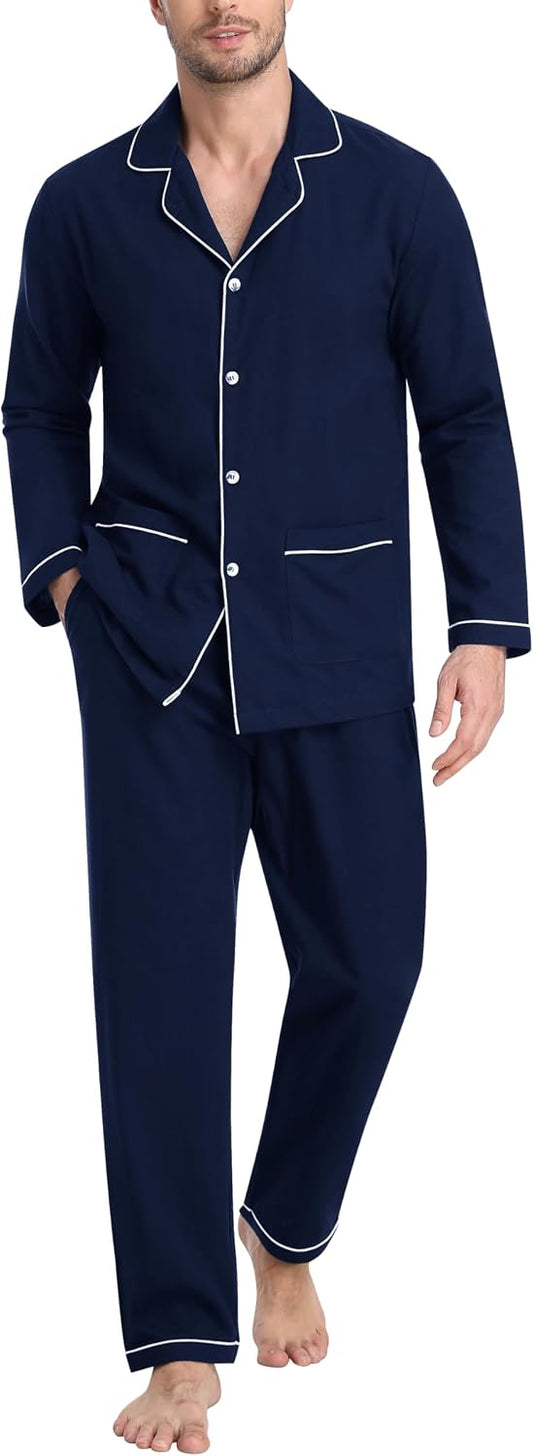 MoFiz Mens Pajama Set Soft Cotton Button Down Notched Collar Pjs Long Sleeve 2 Piece Sleepwear Lounge Nightwear with Pocket