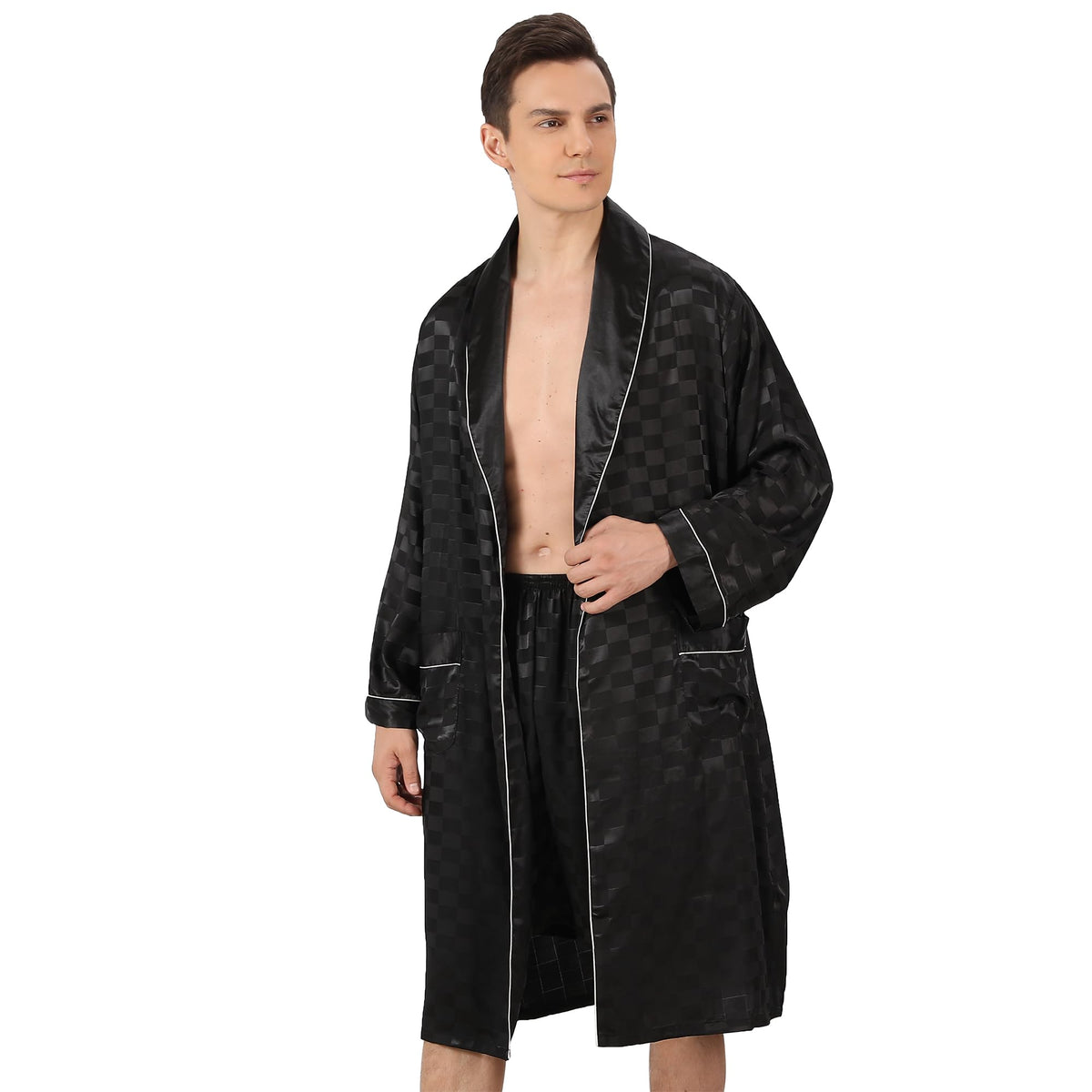 Haseil Men's Luxurious Kimono Robe with Shorts Silk Satin Bathrobes Lightweight Long Sleeve Sleepwear Set