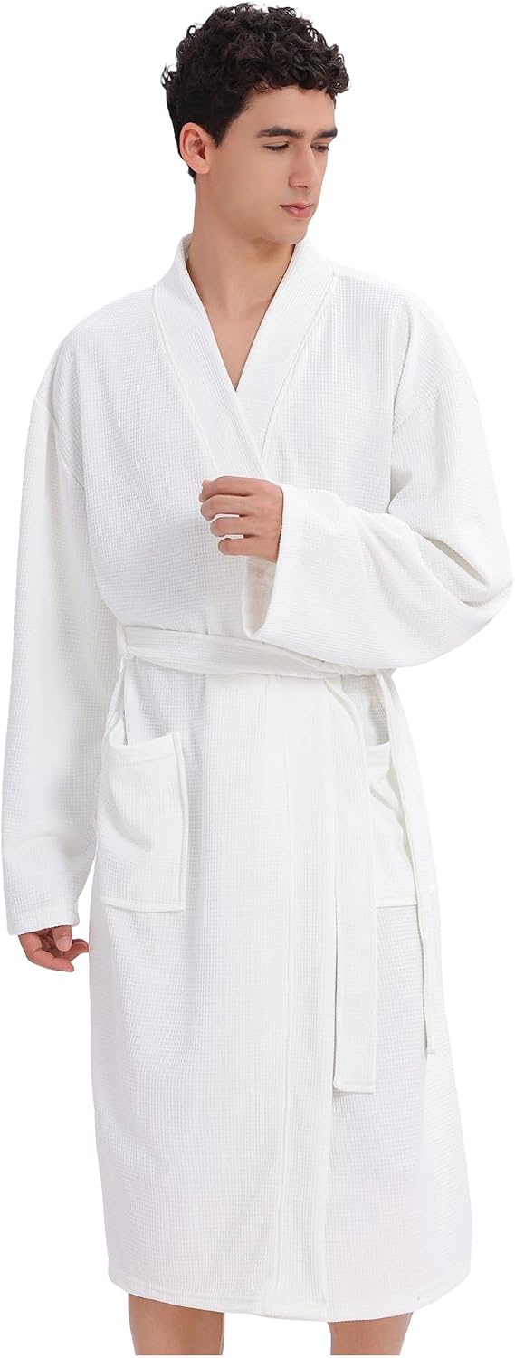 Mens Waffle Robe Spa Kimono Bathrobe Lightweight Shower Bath Robe Knee-Length Hotel Spa Robe
