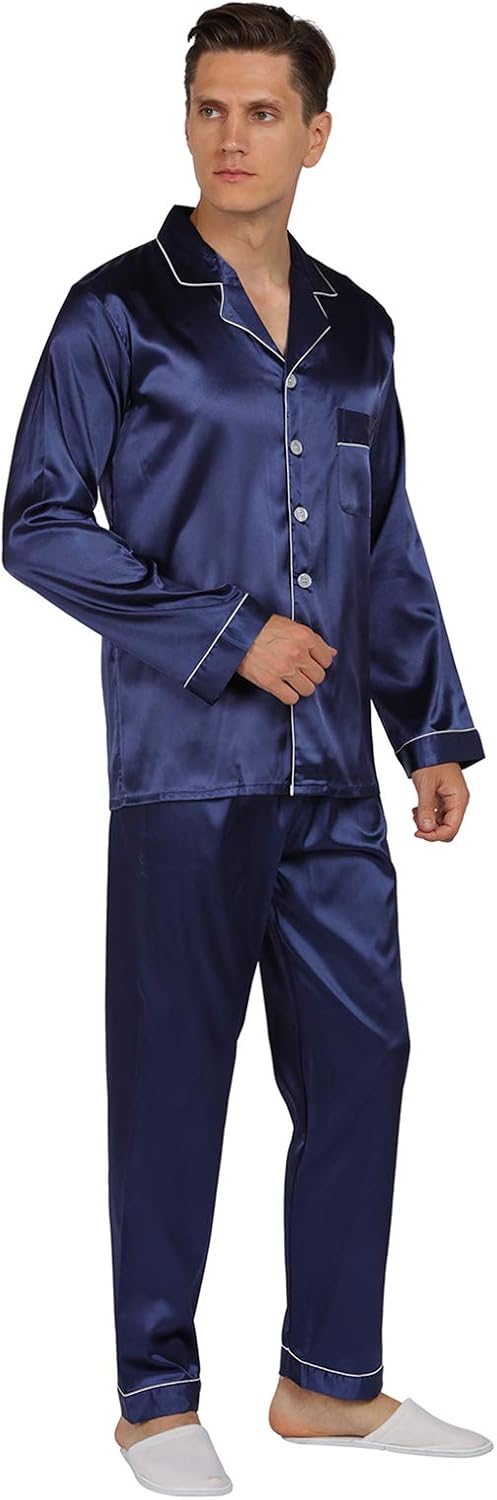 YIMANIE Mens Pajamas Silk Satin Pajamas for Men Soft Sleepwear Button Down Loungewear with Pockets