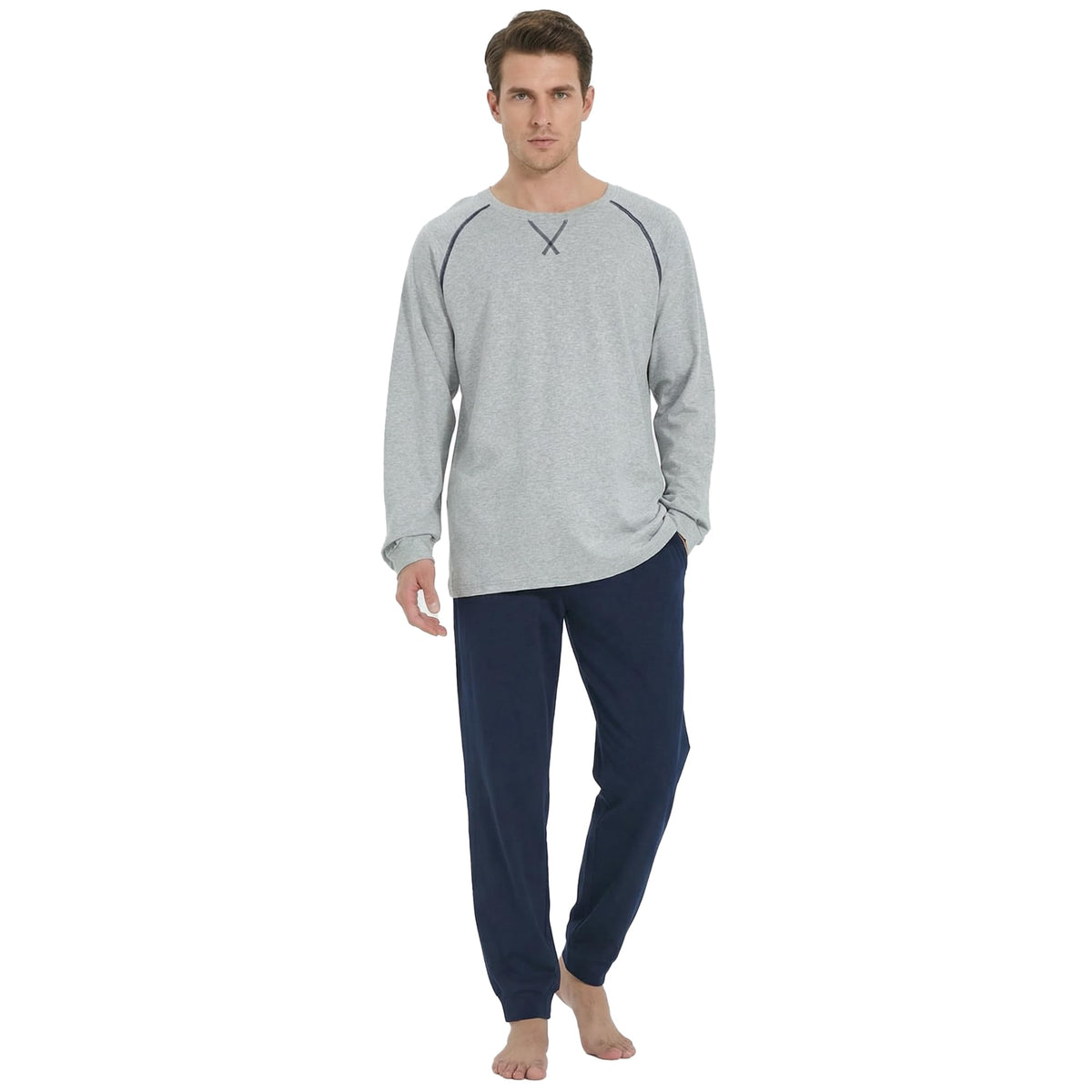 U2SKIIN Mens Organic Cotton Pajama Set Crew Neck Long Sleeve Sleepwear Pjs