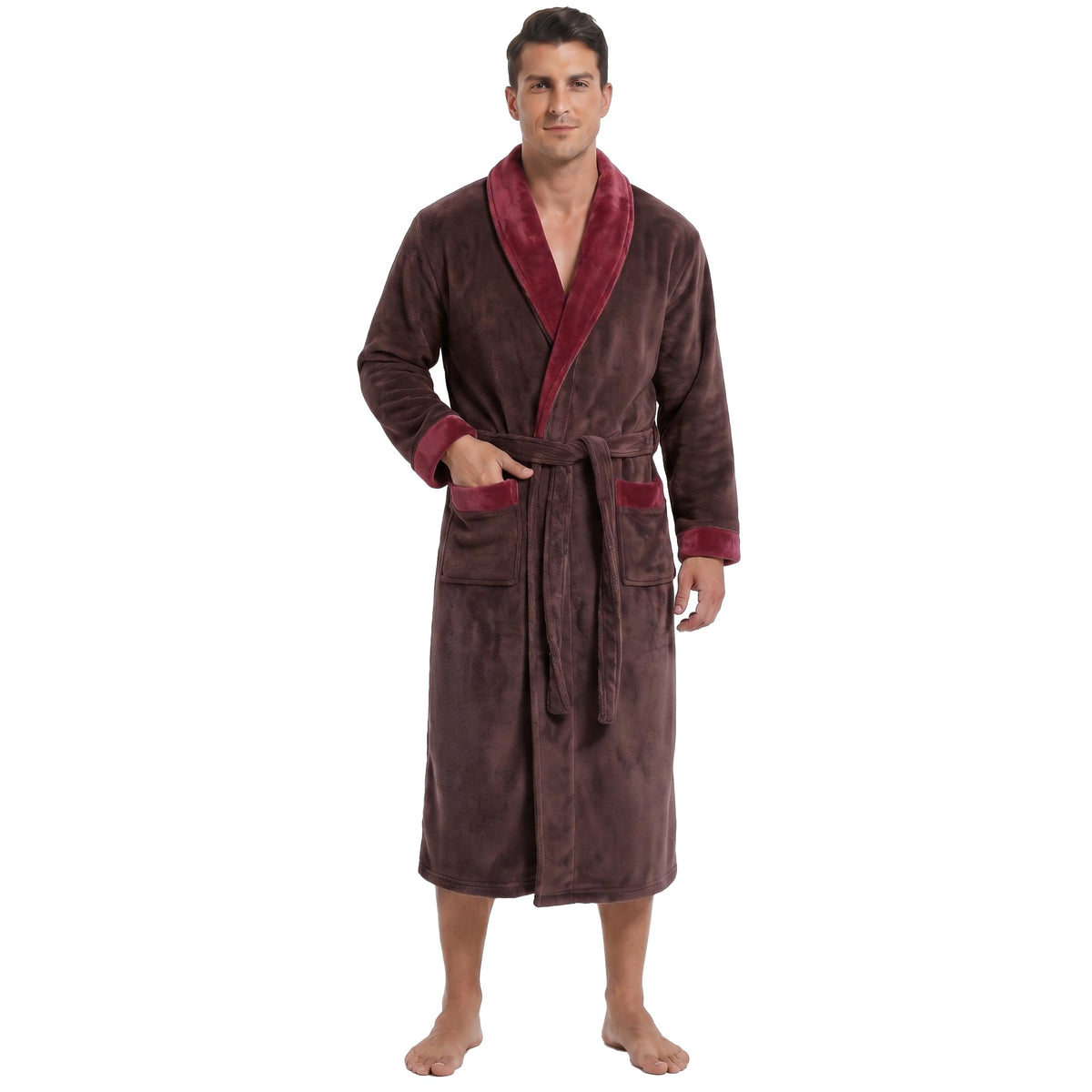 Vulcanodon Mens Robe Plush Fleece Shawl Collar Bathrobe Warm Soft Cozy Lounge Robe with Pockets