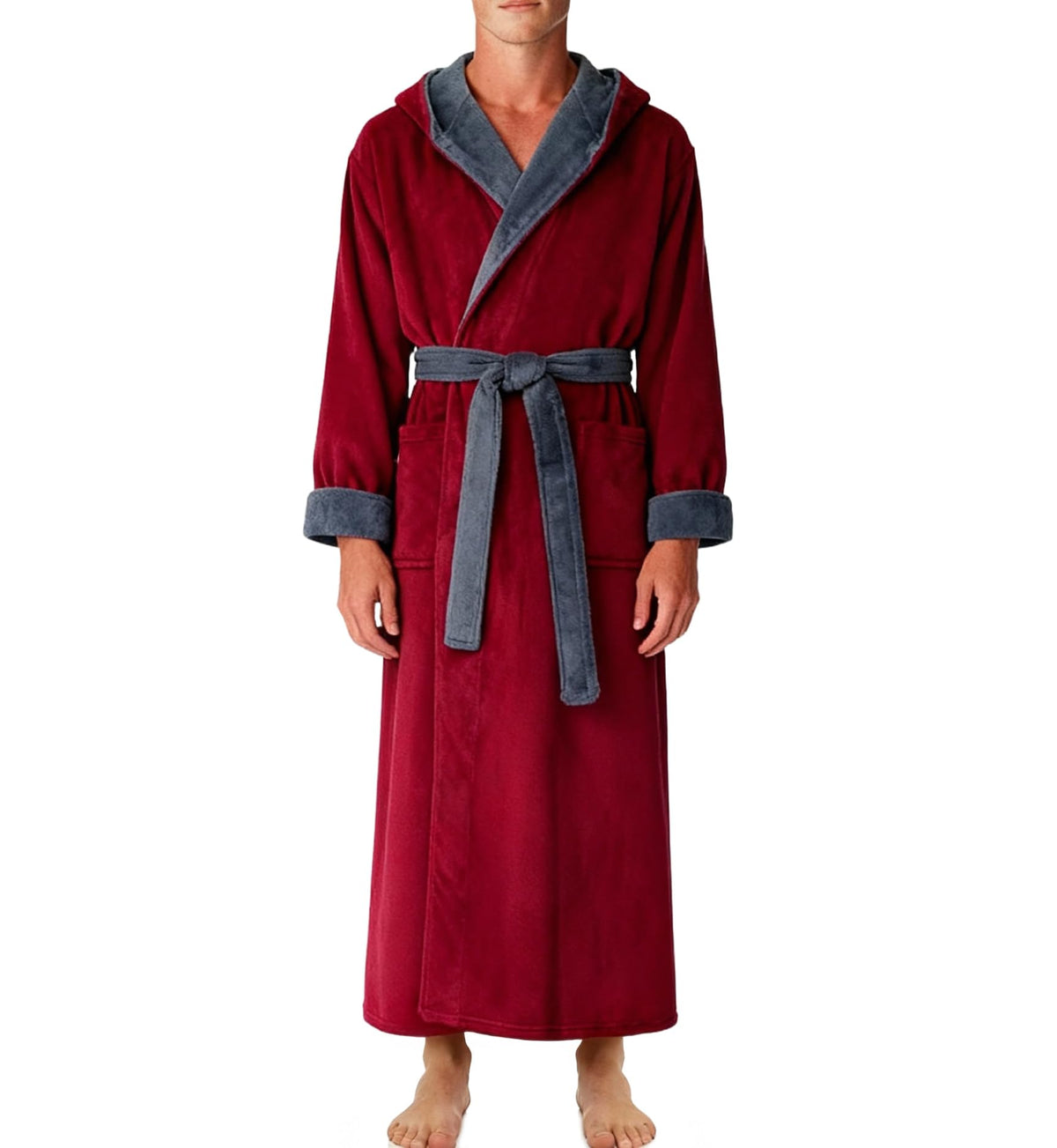 Men's Plush Fleece Hooded Robe with Pockets, Long Bathrobe