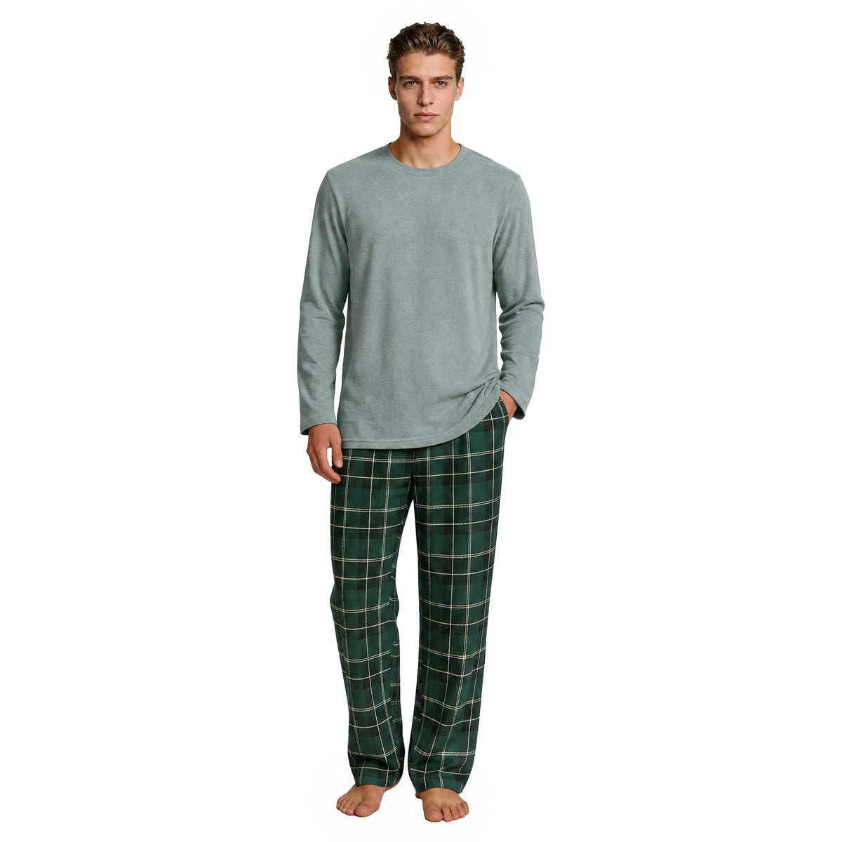 Vulcanodon Mens Pajama Set Soft Cozy Long Sleeve Crewneck Sleepwear Plaid Pants with Pockets Casual Loungewear for Men
