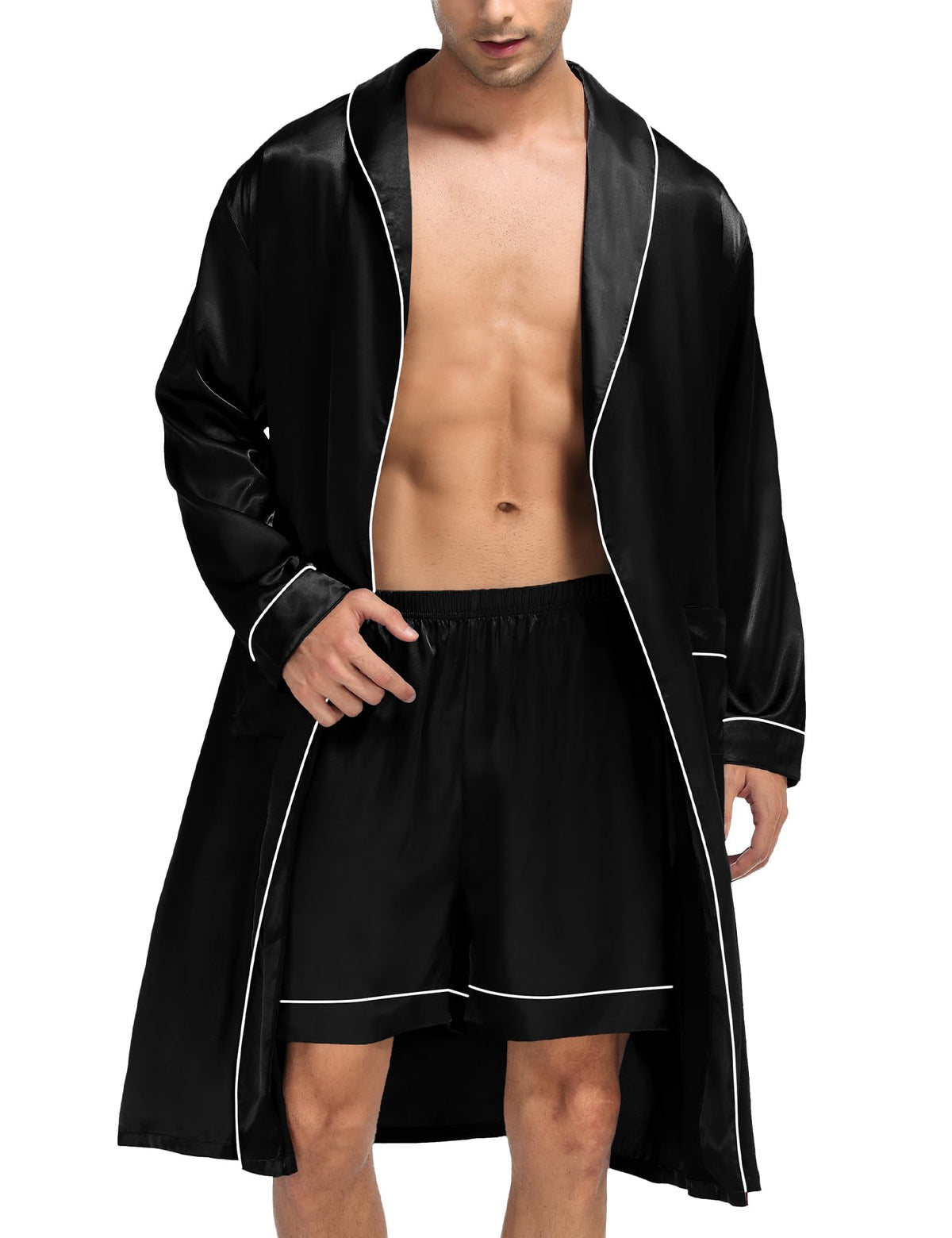 SWOMOG Men's Satin Robe Silky Kimono Bathrobe with Shorts Set Lightweight Soft Loungewear Nightwear