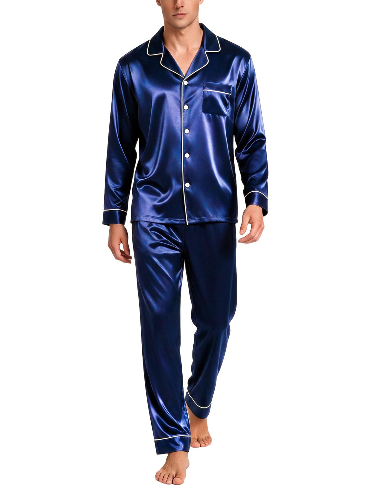 SWOMOG Mens Silk Satin Pajamas Set Long Sleeve Sleepwear Button-Down Pj Two-piece Loungewear with Long Pants S-XXL
