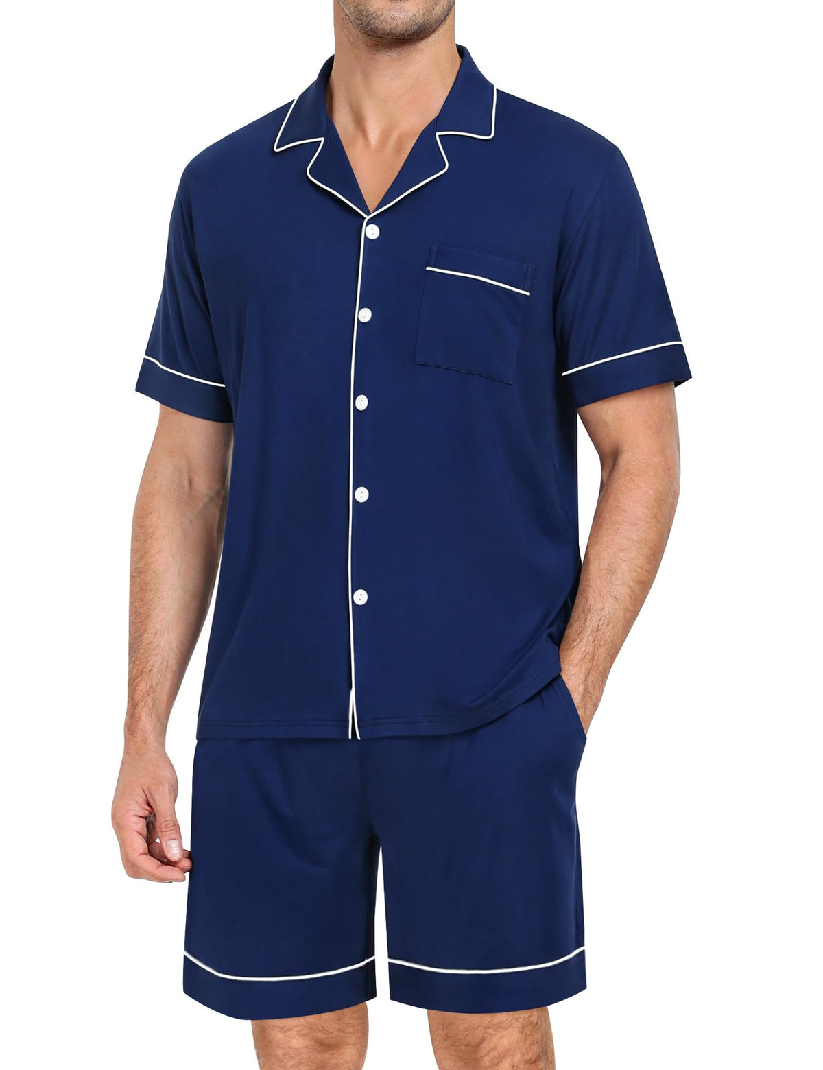 SWOMOG Mens Pajama Set Short Sleeve 2 PCS Sleepwear Button Down Soft Loungewear Modal Set Pj Set with Pockets S-3XL