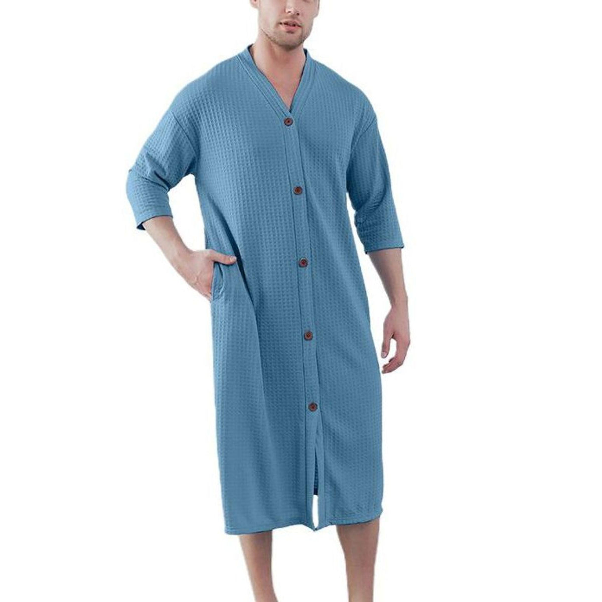 Jinda Men's Soft Robe Button Down House Coat Nightgown Summer V Neck Comfy 3/4 Sleeve Housecoat Sleep Shirt