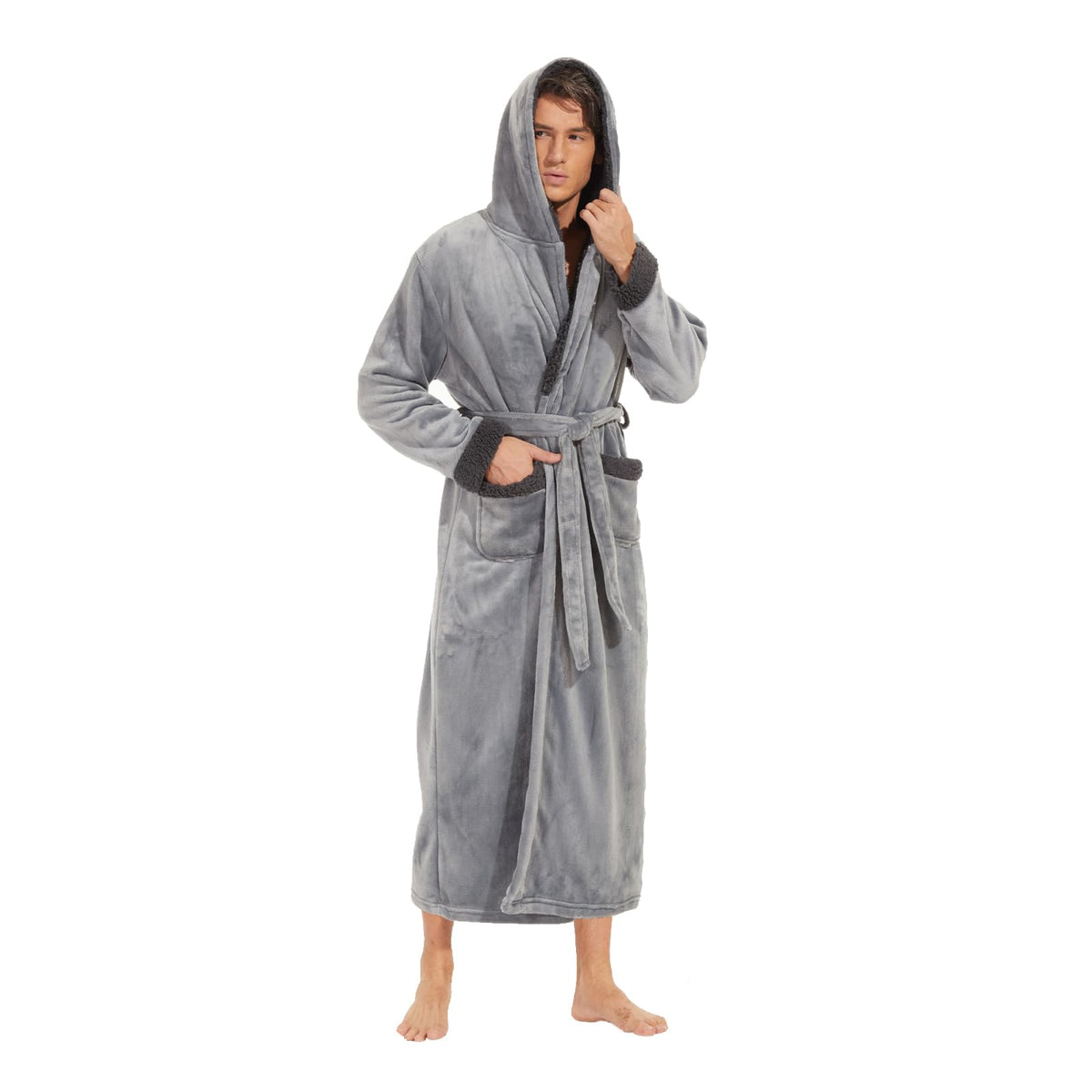 iniber Mens Hooded Robe, Soft Lightweight Plush Robes for Men, Warm Long Fleece Men's Bathrobe with Pockets