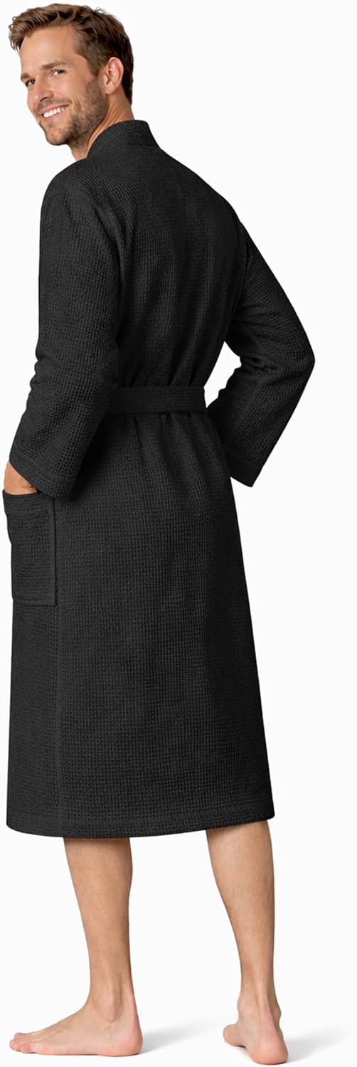 Turkish Linen Men’s Waffle Bathrobe Lightweight Kimono Spa Robe – Quick Dry Bath & Shower Robe for Men with Pockets