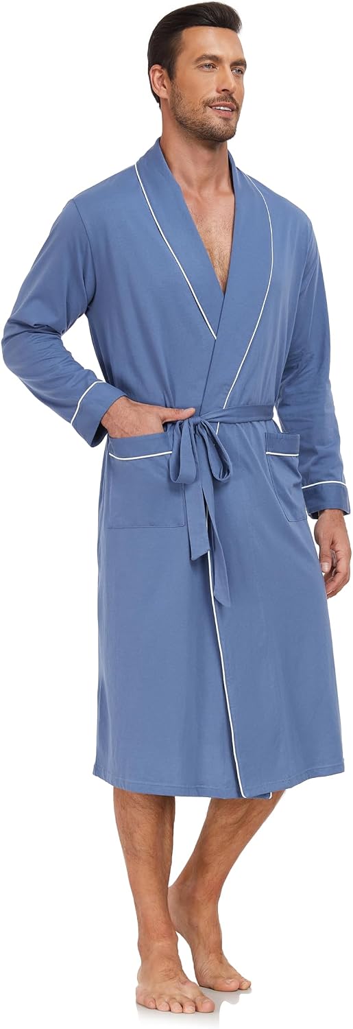 EA'S SECRET Men's 100% Cotton Robes Lightweight Long Sleeve Kimono Bathrobe Soft Over the Knee Sleepwear