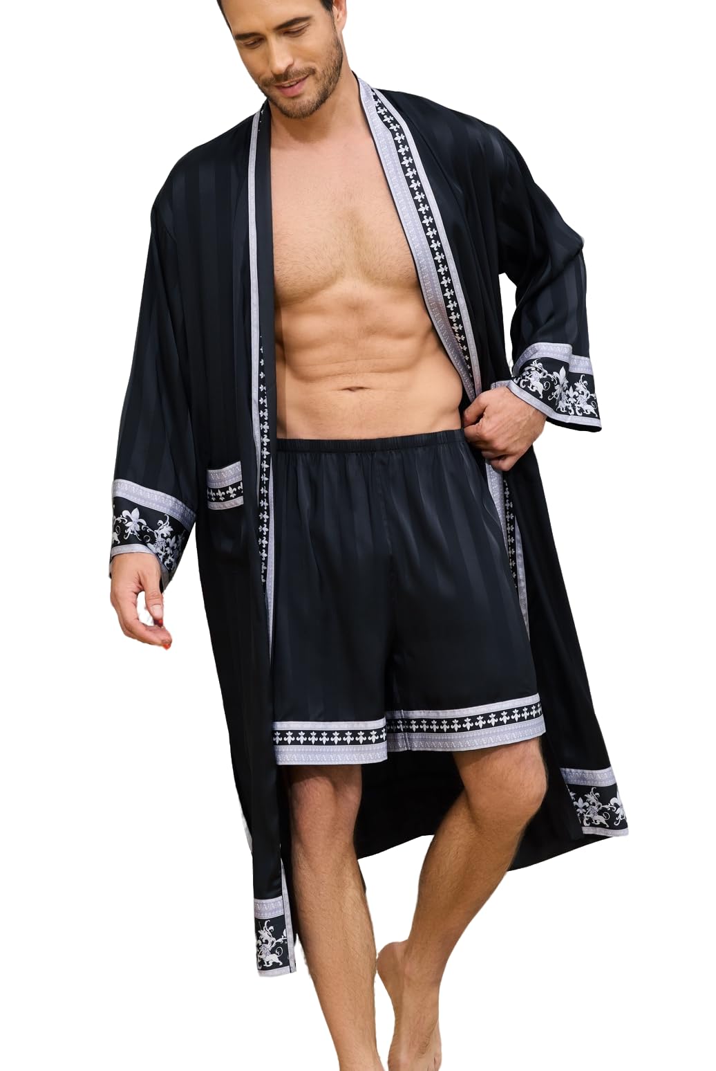Men's Satin Robe Luxurious Kimono Bathrobe with Shorts Lightweight Soft Loungewear Nightwear with Pockets