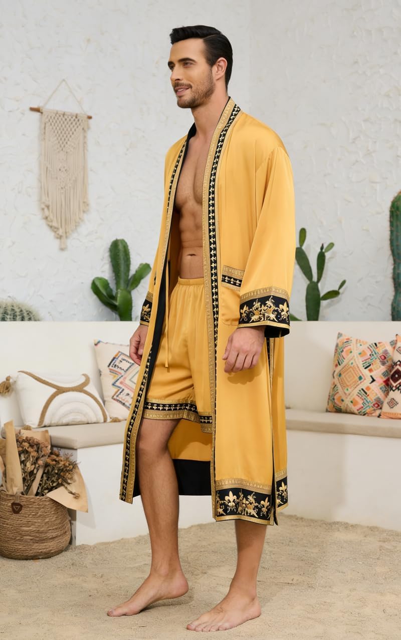 Men's Satin Robe Luxurious Kimono Bathrobe with Shorts Lightweight Soft Loungewear Nightwear with Pockets