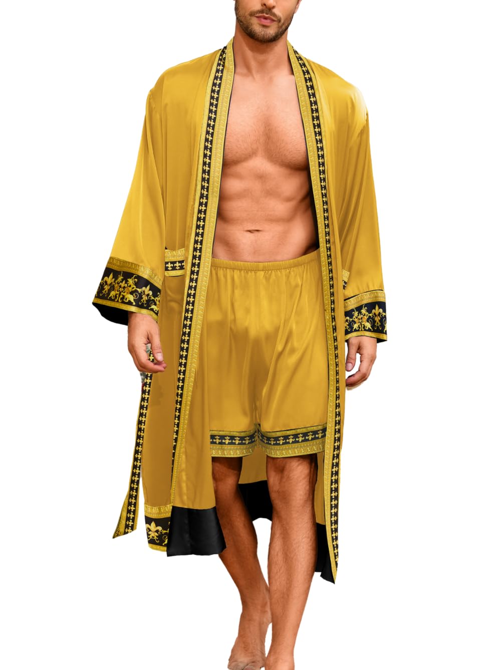 ChiaoLezhee Men's Luxury Silky Robe & Shorts Set, 2PC Lightweight Satin Pajamas with Pockets, Opulent Baroque Kimono Gifts