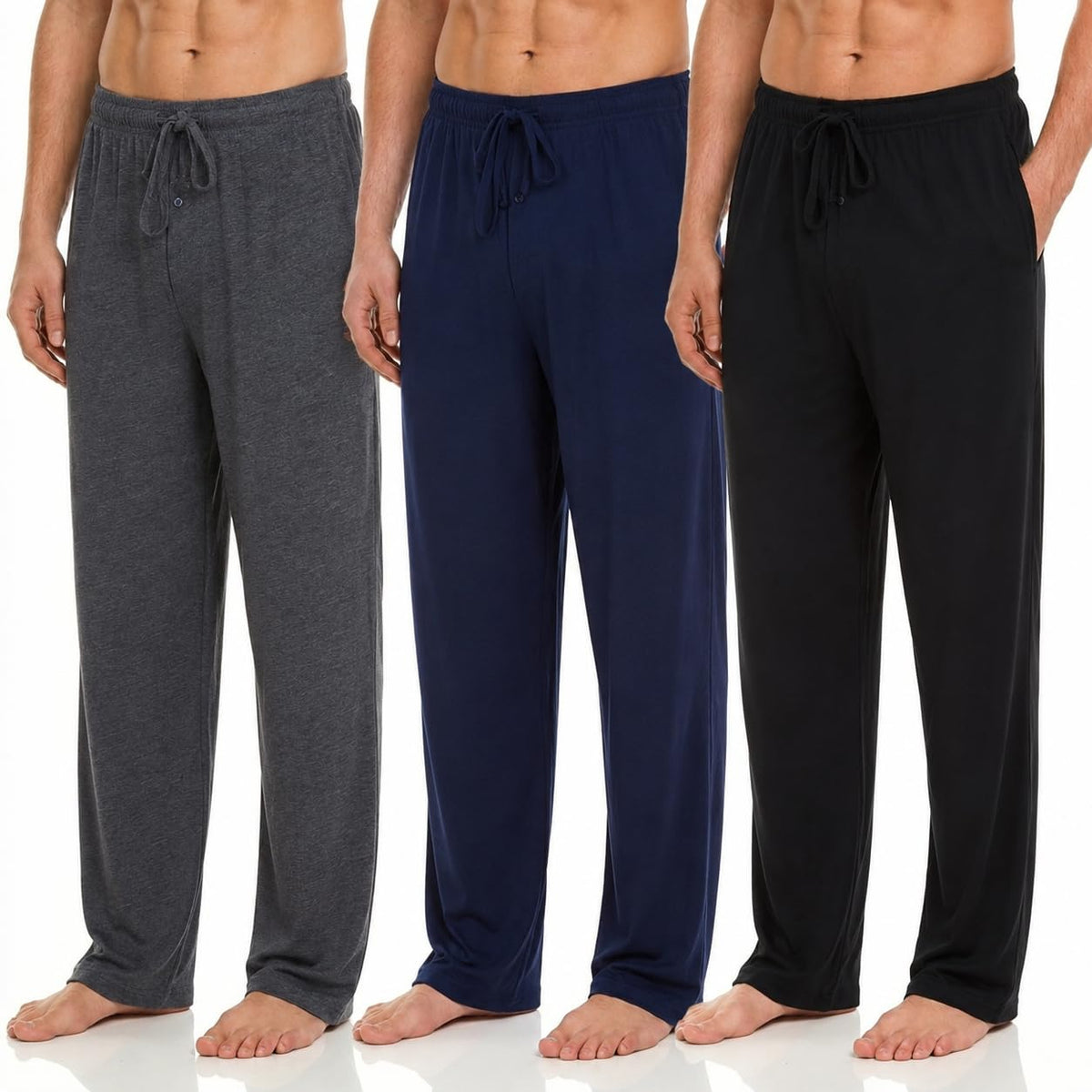 DARESAY Mens Pajama Pants 3 Pack – Soft Knit Lounge Sleepwear with Pockets, Elastic Waist & Drawstring, Up to 3XL