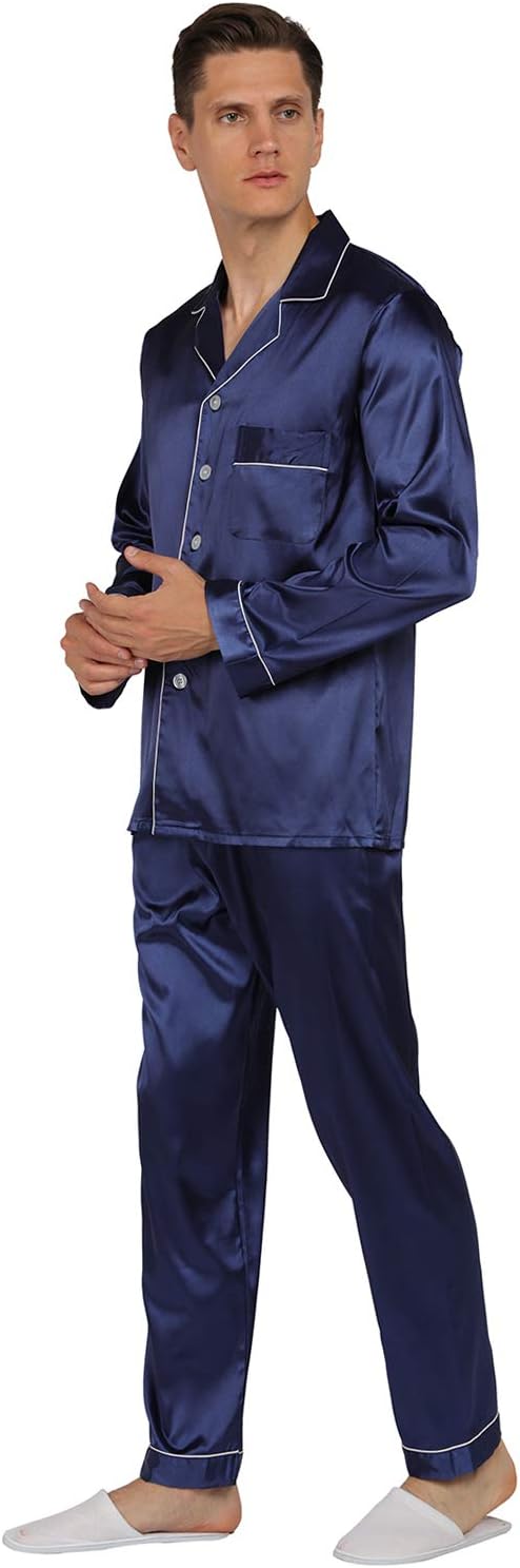 YIMANIE Mens Pajamas Silk Satin Pajamas for Men Soft Sleepwear Button Down Loungewear with Pockets