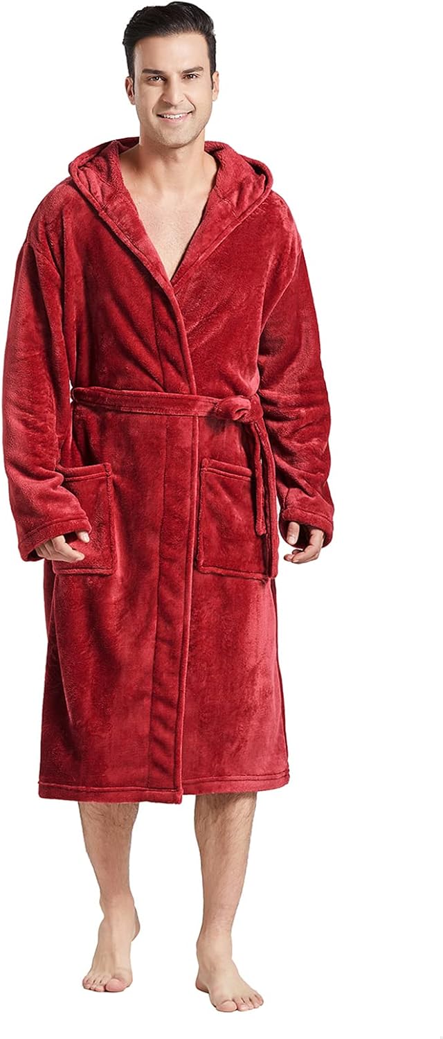 FashGudim Mens Hooded Robe Plush Shawl Collar Kimono Bathrobe Soft Warm Flannel Fleece Spa Robes House Coat Pajamas