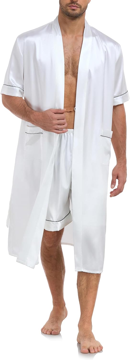 VOGMATE Men's Kimono Robe with Shorts 2 Pieces Silky Pajama Set Lightweight Satin Bathrobe Soft Sleepwear