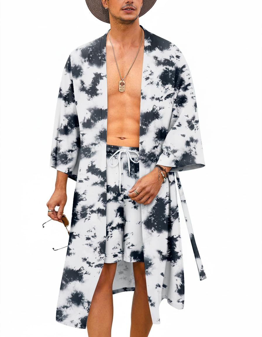 COOFANDY Men Lightweight 2 Piece Kimono Robe with Shorts Japanese Robes Casual Open Front Long Cardigan With Belt