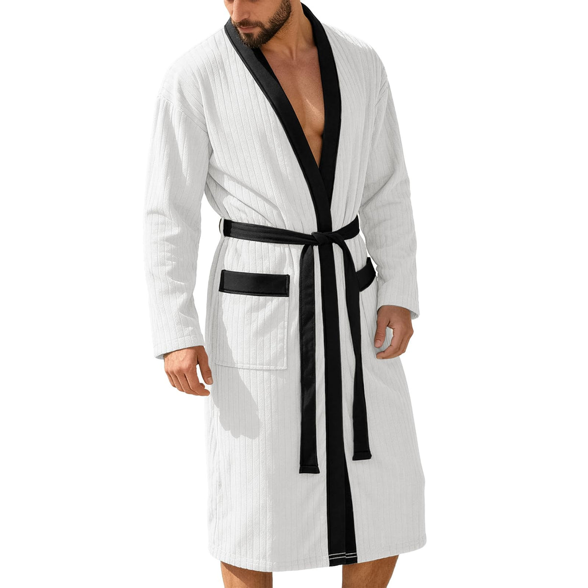 Mens Robes Lightweight Mid Length Summer Robe Comfy Soft Dude Robe with Pockets Long Sleeve Kimono Bathrobe Sleepwear