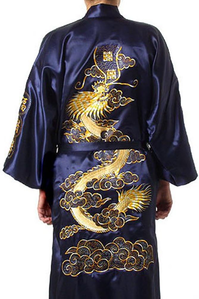 Mens Silk Kimono Robe Mens Japanese Silk Dragon Bathrobe Chinese Kimono Robe Men Open Front Long Cloak with Belt