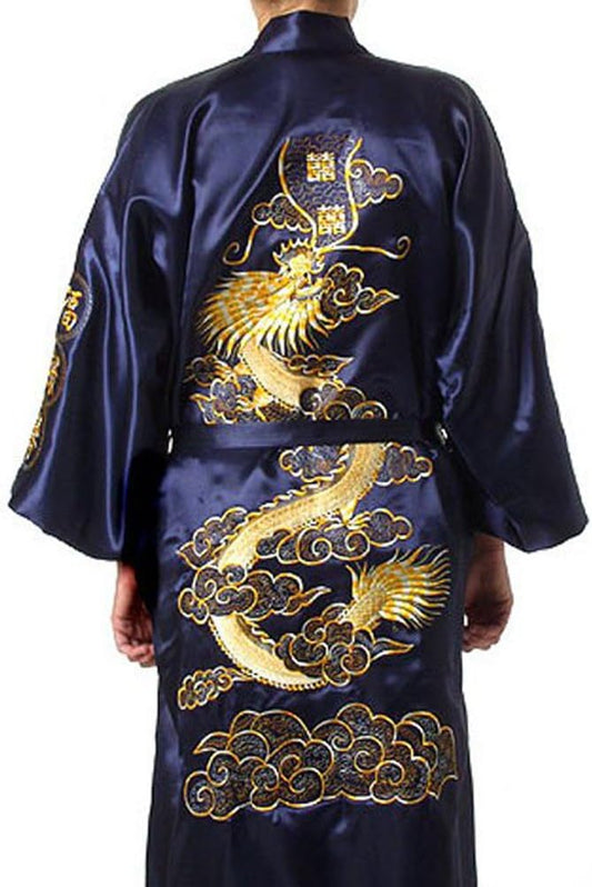 Mens Silk Kimono Robe Mens Japanese Silk Dragon Bathrobe Chinese Kimono Robe Men Open Front Long Cloak with Belt