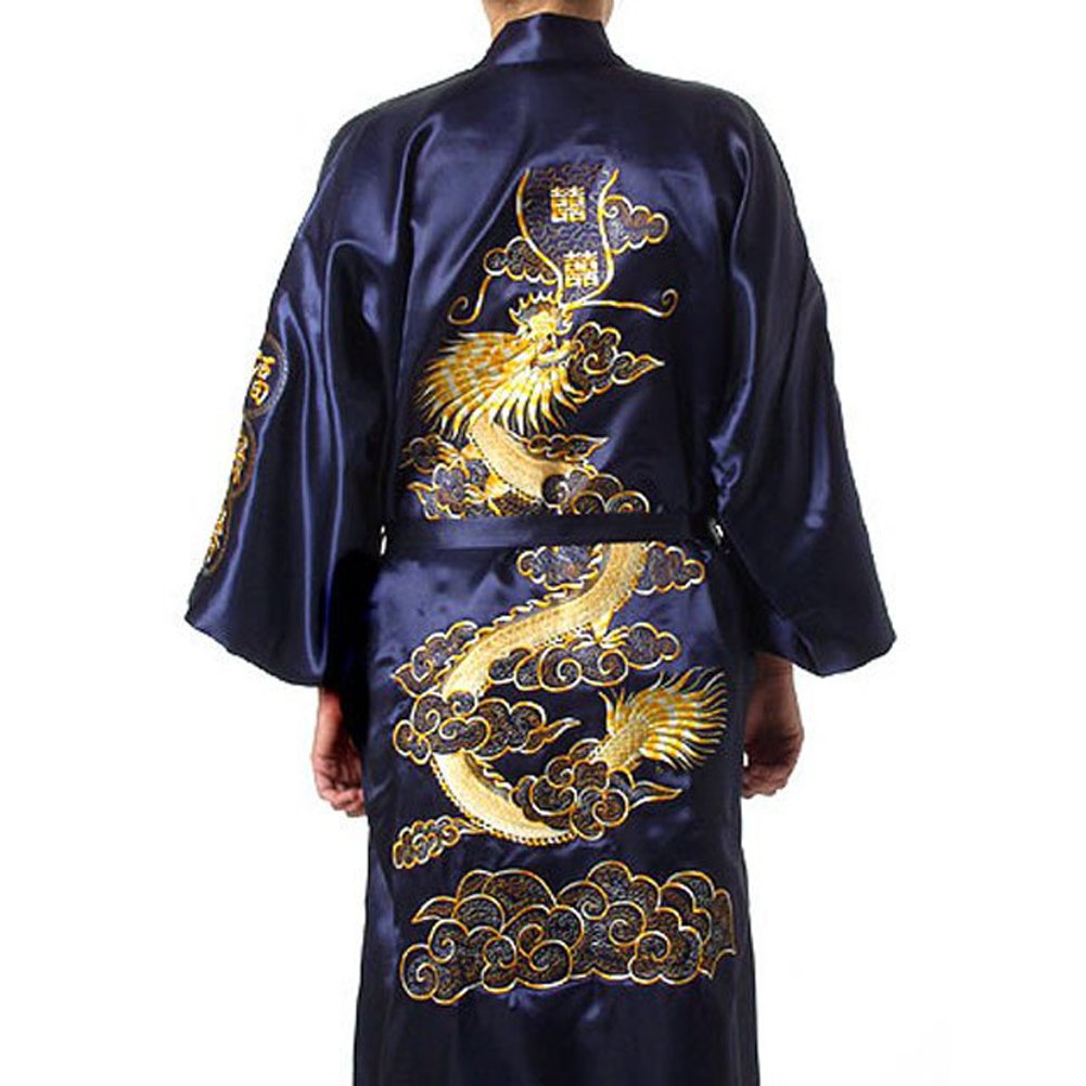Mens Silk Kimono Robe Mens Japanese Silk Dragon Bathrobe Chinese Kimono Robe Men Open Front Long Cloak with Belt