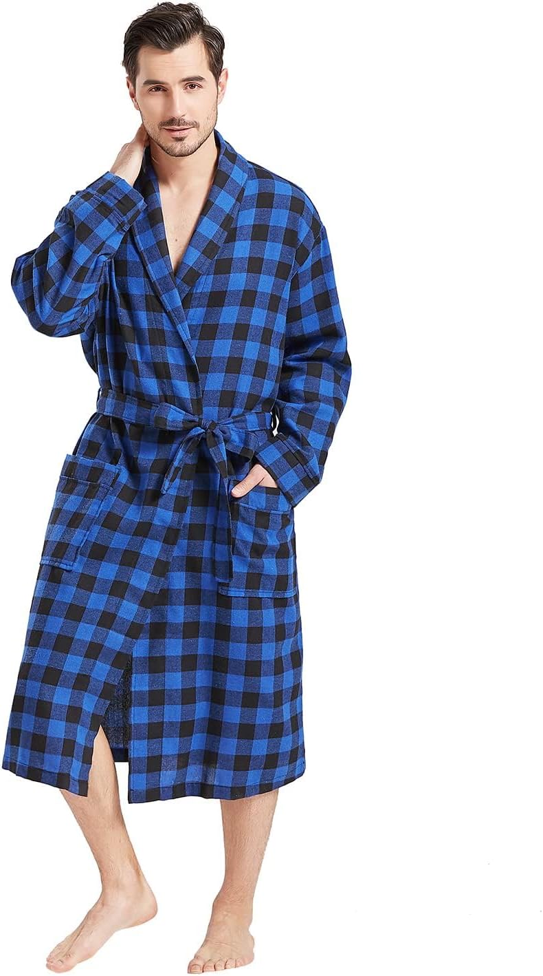 FashGudim Mens Buffalo Plaid Cotton Robe Lightweight Bathrobe Shawl Collar Kimono Sleepwear Loungewear House Robes