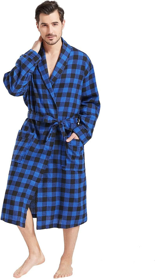 FashGudim Mens Buffalo Plaid Cotton Robe Lightweight Bathrobe Shawl Collar Kimono Sleepwear Loungewear House Robes