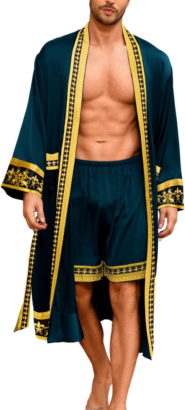 ChiaoLezhee Men's Luxury Silky Robe & Shorts Set, 2PC Lightweight Satin Pajamas with Pockets, Opulent Baroque Kimono Gifts