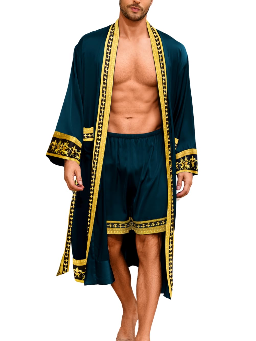 ChiaoLezhee Men's Luxury Silky Robe & Shorts Set, 2PC Lightweight Satin Pajamas with Pockets, Opulent Baroque Kimono Gifts