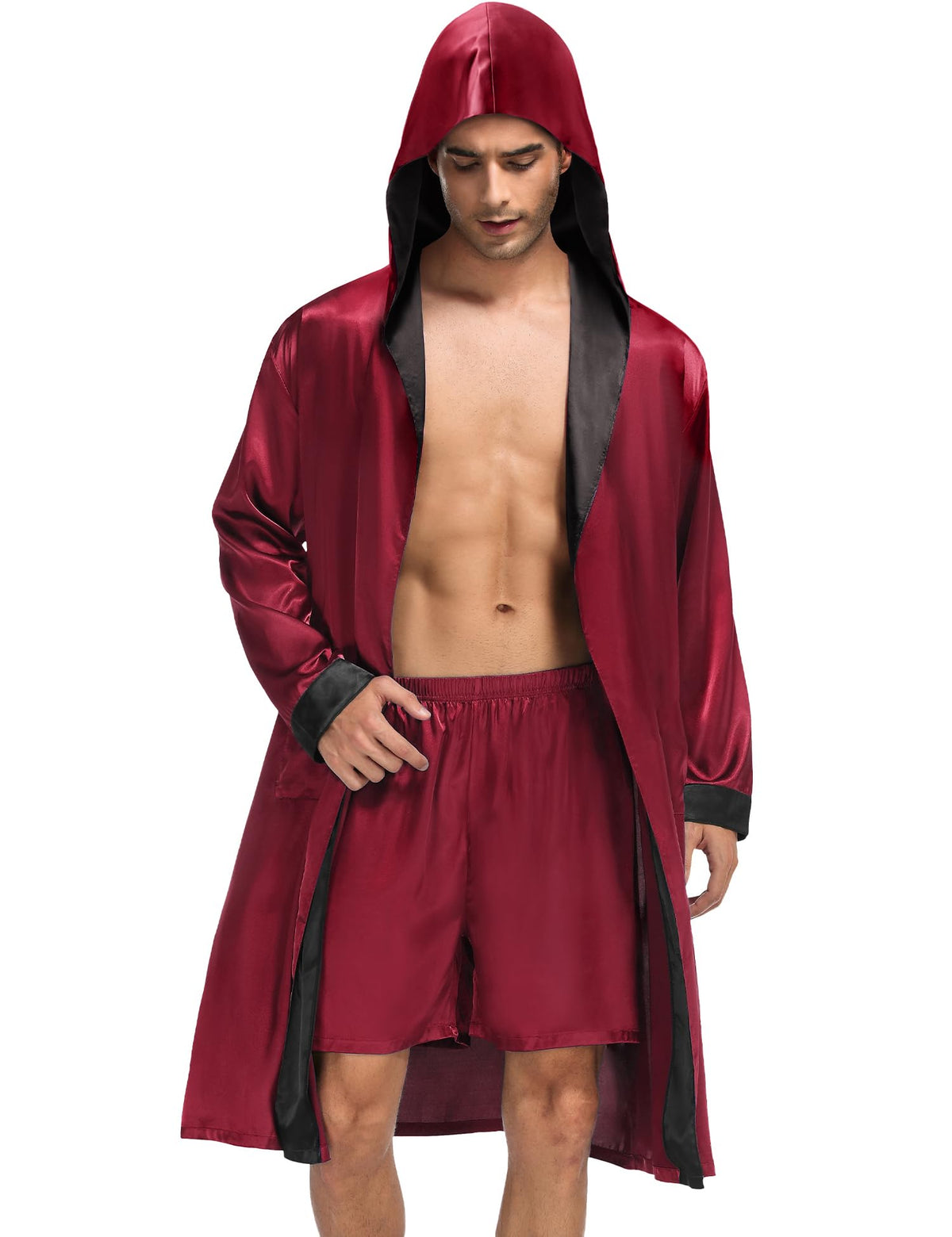 SWOMOG Mens Hooded Robe Satin Bathrobe with Shorts Set Silky Kimono Robe with Hood