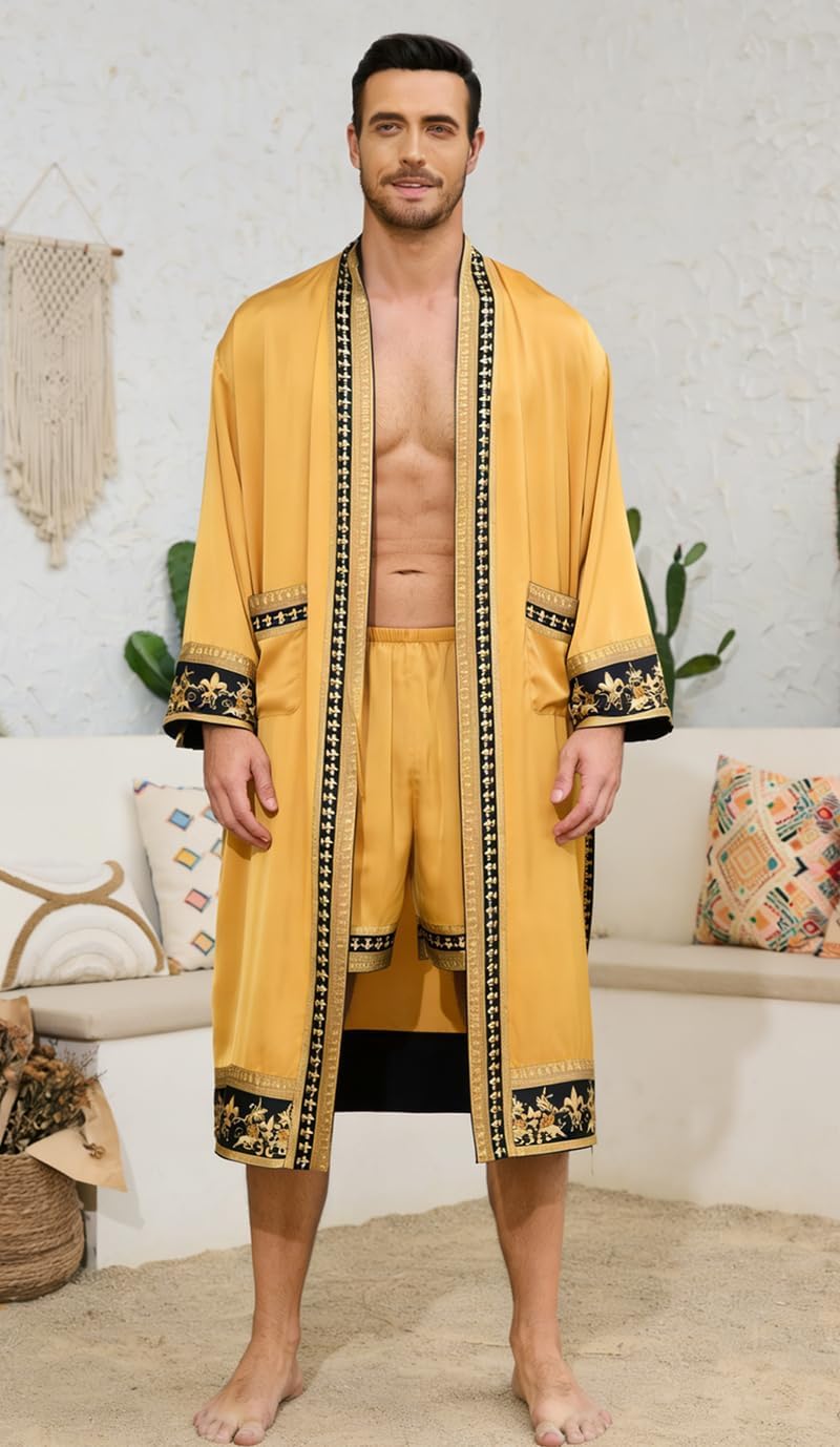 Men's Satin Robe Luxurious Kimono Bathrobe with Shorts Lightweight Soft Loungewear Nightwear with Pockets