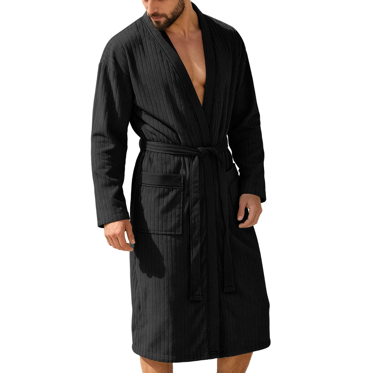 Mens Robes Lightweight Mid Length Summer Robe Comfy Soft Dude Robe with Pockets Long Sleeve Kimono Bathrobe Sleepwear