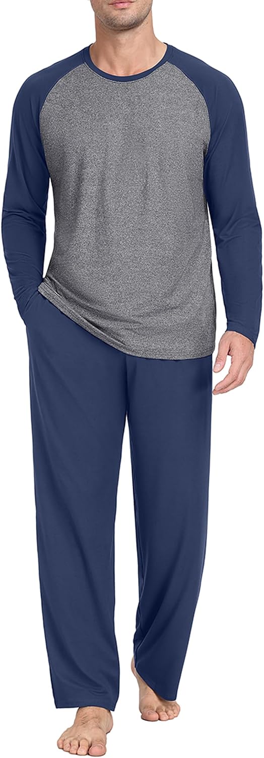 PrinStory Men's Pajama Sets Loungewear Sleepwear Pjs Lightweight Long Sleeve Shirts and Bottoms Soft Comfy Sleep Sets S-4XL