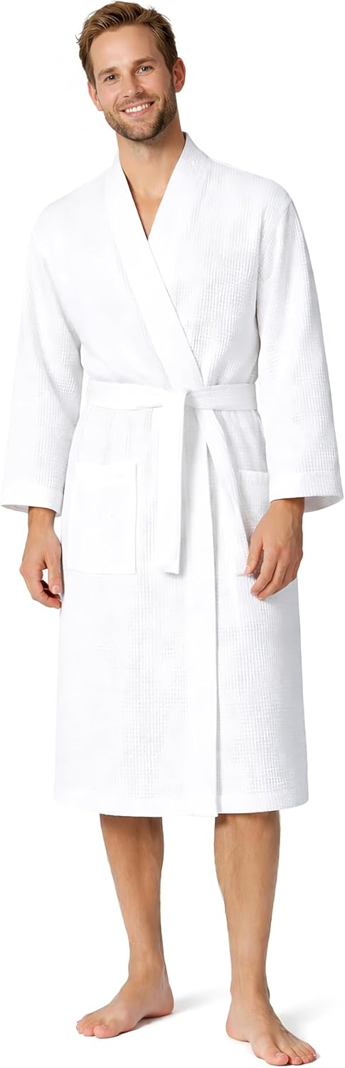 Turkish Linen Men’s Waffle Bathrobe Lightweight Kimono Spa Robe – Quick Dry Bath & Shower Robe for Men with Pockets