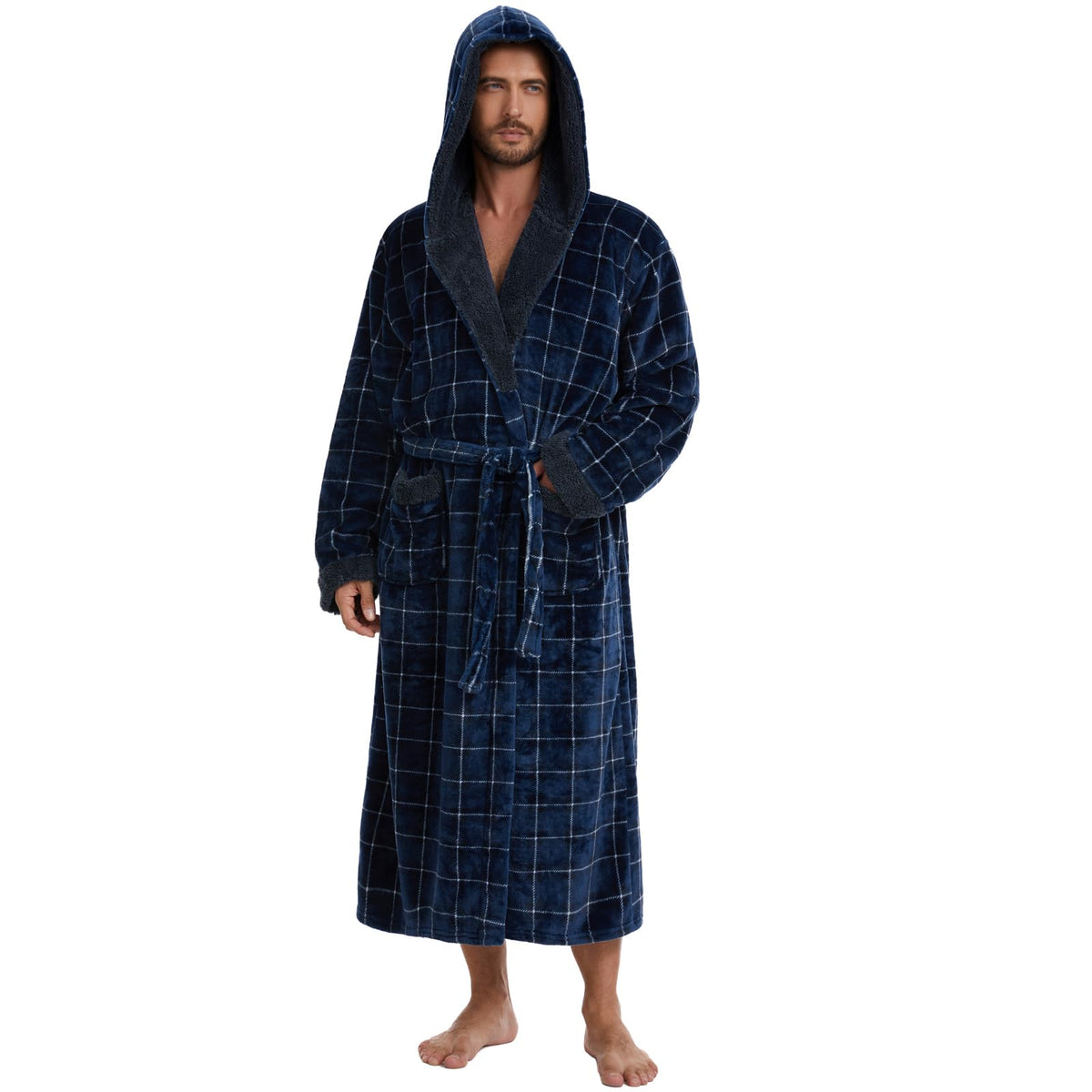iniber Mens Hooded Robe, Soft Lightweight Plush Robes for Men, Warm Long Fleece Men's Bathrobe with Pockets